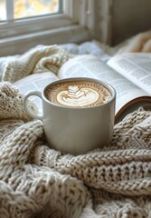 A Cup of Coffee and an Open Book on a Cozy Blanket