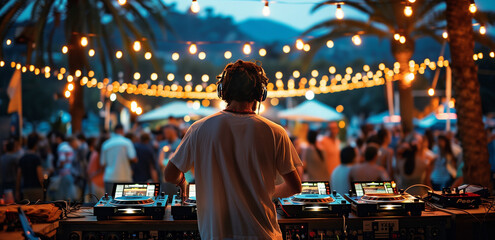 A close-up shot of hands on turntables, with people dancing in soft focus behind at sunset during an outdoor party. A photo of DJ equipment on the beach with a sunset and crowd in the background. 