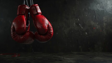 Hanging red boxing gloves in a dark, moody gym setting symbolize strength, perseverance, and the spirit of boxing in a powerful visual.