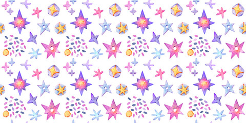 Seamless texture with pink and purple watercolor stars. Hand-drawn children texture. Perfect for packing paper, decor, and textiles.