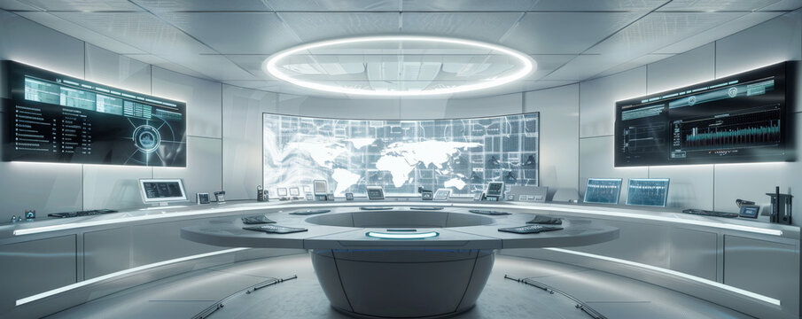 A sleek and modern control room with holographic displays and advanced technology.