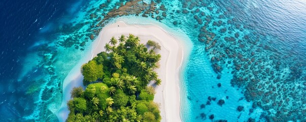 Drone view of a picturesque island with white sandy beaches in bright day, turquoise waters, and a coral reef surrounding it, creating a perfect paradise for vacationers and nature lover