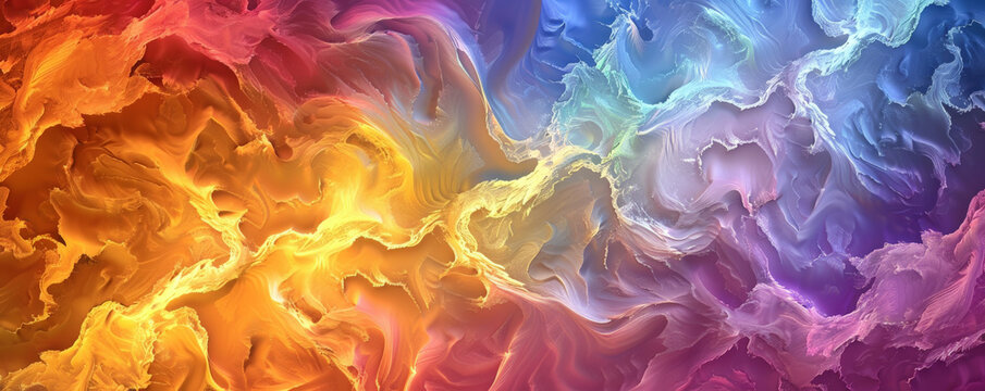 A vibrant fractal flame with flowing, organic shapes in a rainbow palette.