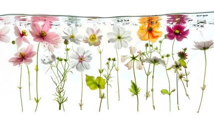 set of underwater flower arrangements, featuring submerged blooms and floating leaves, isolated on transparent background