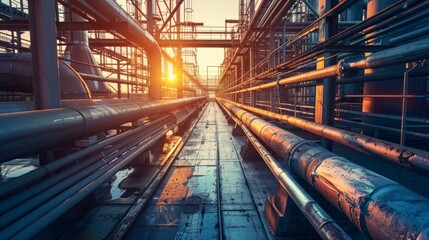 Fototapeta premium Pipeline and pipe rack of oil industrial plant with sunset sky background