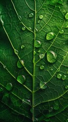 Obraz premium close up of dewdrops on green leaves in the morning, vertical background