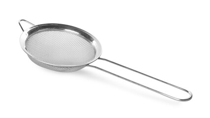 One metal sieve isolated on white. Cooking utensil