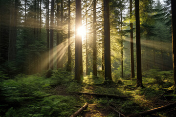 Obraz premium Enchanted Sunrise Through Whispering Woods