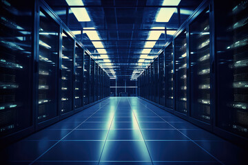 Futuristic Data Center Corridor at Night