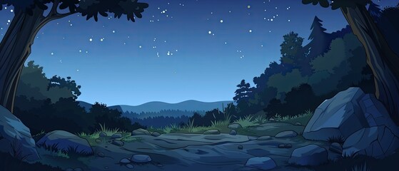 Beautiful starry night in a forest clearing with a view of the distant mountains.