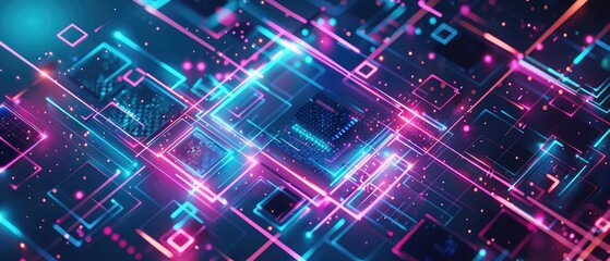 Futuristic geometric background with digital grid and neon colors