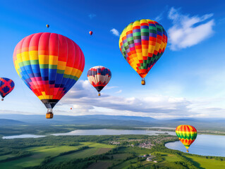 Obraz premium Colorful Hot Air Balloons Soaring Over Tranquil Countryside