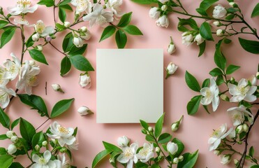 Fototapeta premium White Jasmine Flowers Surrounding a Blank Card on a Pink Background