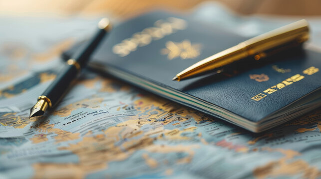 Visa Application Form And Passport On A World Map With Pen