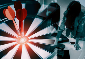 Business Target Goal For Success Strategy Concept - Red dart arrow hitting center goal on dart...