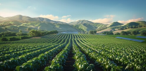 Naklejka premium Green Rows of Cabbage in a Farm Valley at Sunset