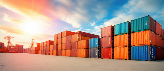 Fototapeta premium Colorful Shipping Containers Stacked at Sunset
