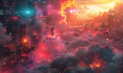 Obraz premium Neon Dreamscape Interwoven Technological Realms