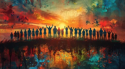 The image shows a group of diverse people standing together in front of a colorful sunset. The people are all raising their arms in joy and celebration. The image is meant to be inspiring and