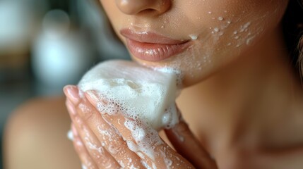 Fototapeta premium Woman Washing Face with Foamy Soap, Close-Up on Skincare Routine