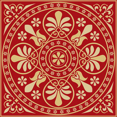 Vector gold with red classic Greek square ornament. Rectangle of Ancient Greece and Roman Empire. Byzantine painting of walls, floors and ceilings. Decoration of European palaces