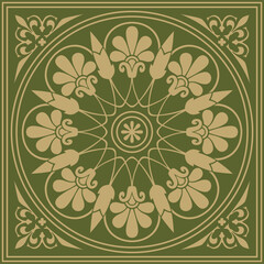 Vector gold with green classic Greek square ornament. Rectangle of Ancient Greece and Roman Empire. Byzantine painting of walls, floors and ceilings. Decoration of European palaces