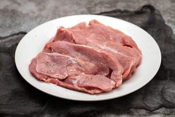 Raw turkey fillet, Poultry meat on white plate. Top View.