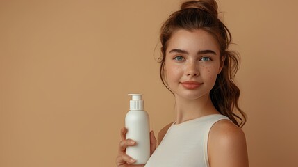 Woman Holding Bottle of Skincare Product with Neutral Background