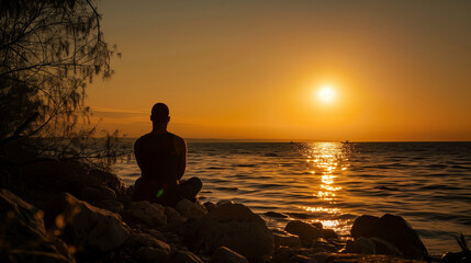 A man sits on a rock overlooking the ocean at sunset. The sky is a beautiful mix of orange and pink hues, and the water is calm and serene. The man is lost in thought