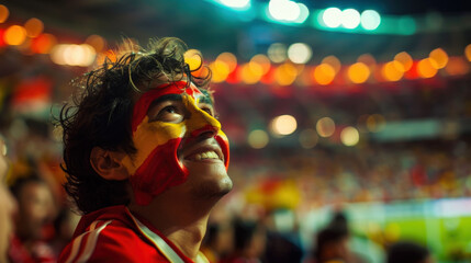 Obraz premium Young sports fan with the spanish flag painted on his face is cheering at a stadium event