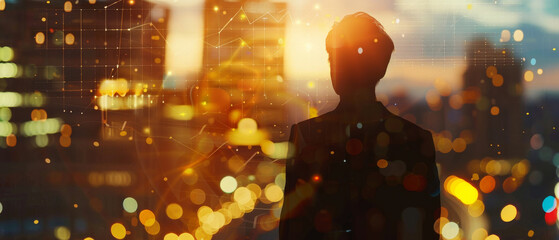 Silhouette of a person gazing at a glowing cityscape, enveloped in amber light and sparkling bokeh, hinting at future possibilities and urban dreams.