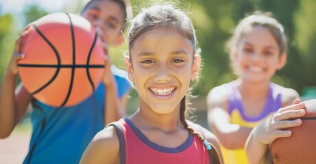 Smiling children outdoors playing basketball, enjoying active sport, teamwork, and fun. Bright sunny day captures youthful joy and physical activity.