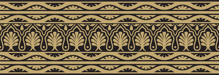 Vector gold and black seamless national Indian ornament. endless border, ethnic hindu frame. Mumba