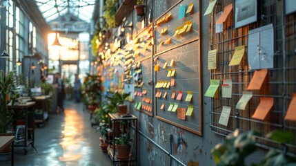 Fototapeta premium A Wall Covered in Colorful Sticky Notes in a Modern Cafe