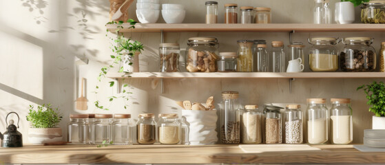 A brightly lit, organized kitchen shelf filled with jars of grains, nuts, and spices, beautifully arranged with hanging plants adding a touch of green.