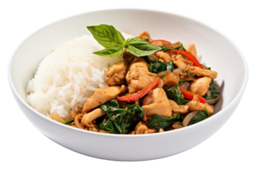 PNG Stir Fried Thai Basil with chicken and a Fried Egg vegetable produce lunch.