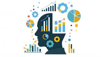Fototapeta premium Investment and business psychology concept, focus and growth mindset, positive thinking, illustration of human head with chart and graph icon inside