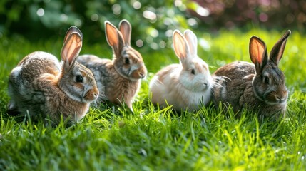 Fototapeta premium adorable rabbits sitting on lush green grass cute bunny family portrait