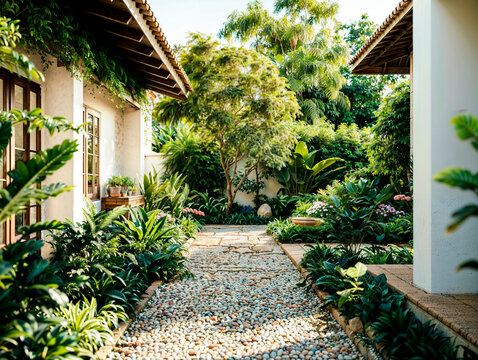 Um jardim ornamental no quintal de casa, oferecendo um lindo espa&ccedil;o para jardinagem e sossego, ideal para relaxamento e aprecia&ccedil;&atilde;o da natureza