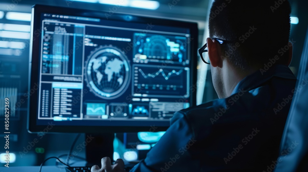 Poster a man is sitting in front of a computer monitor with a globe on the screen