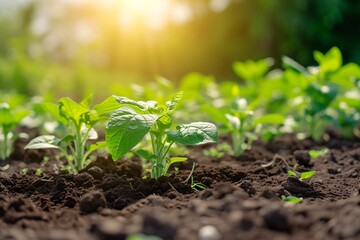 Vegetable seedlings in the plot. Abundant Vegetable Plots in the Morning Atmosphere. Lush Green Crops in the Garden