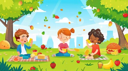 Three children are sitting on a blanket in a park, eating food