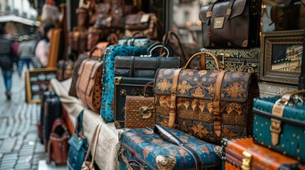 Obraz premium Assortment of leather bags and purses displayed for sale in a street market.