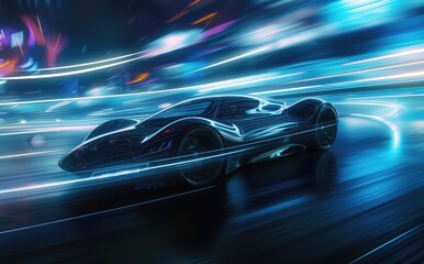 Obraz premium Futuristic Sports Car Speeding in Neon Light Tunnel