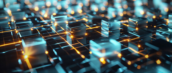 Obraz premium A mesmerizing digital grid of luminous cubes connected by vibrant orange lines, visualizing a futuristic data network glowing in the dark.