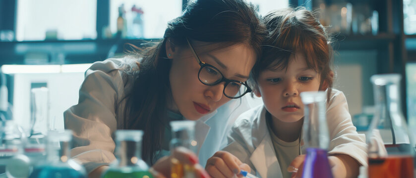 A dedicated scientist and an inquisitive child deeply engrossed in a chemistry experiment amid various colorful solutions in a modern lab setting.