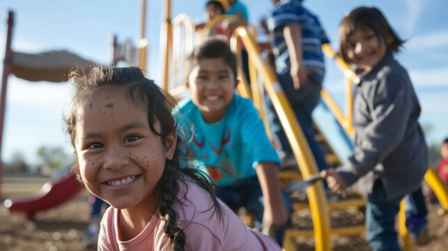A group of children are playing on a playground, with one girl smiling