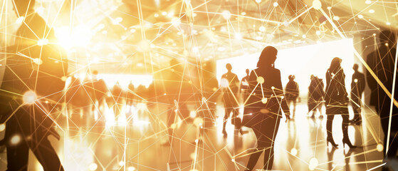 Busy airport terminal with network overlays superimposed, symbolizing the intersection of travel and digital connectivity.