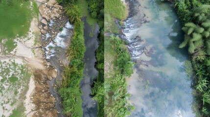 A before and after image of a polluted river now clear and safe to drink from thanks to a newly installed solarpowered water purifier system on its banks.