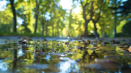 Fototapeta premium A blurry image of a park with a pond and trees